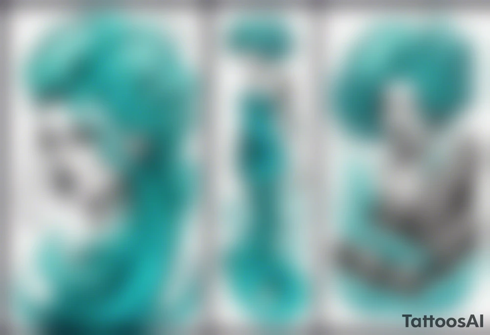 a tall woman made of water with turquoise hair waves crashing against rocks tattoo idea
