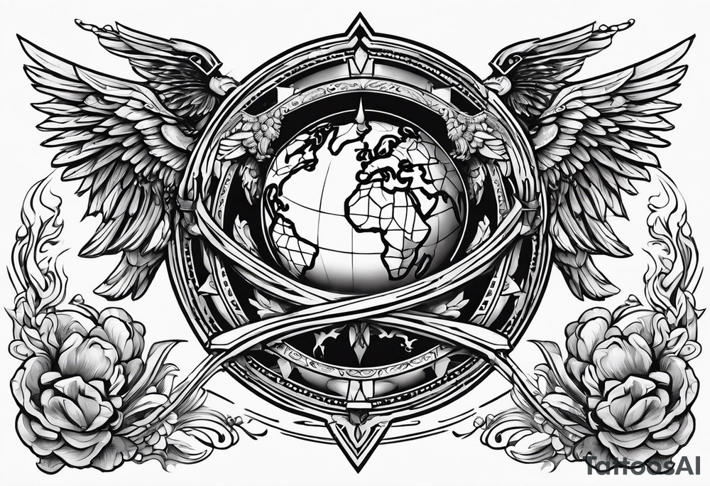 Two angels, one with a flaming sword in one hand, the other with a shield, and both hold the planet Earth with the other hand. tattoo idea