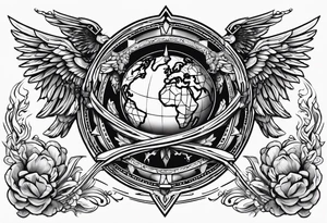 Two angels, one with a flaming sword in one hand, the other with a shield, and both hold the planet Earth with the other hand. tattoo idea