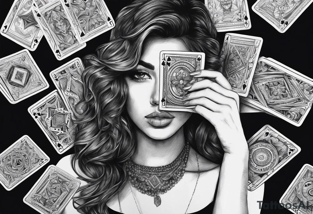 woman one hand holding cards in front of her face, showing the cards to others tattoo idea
