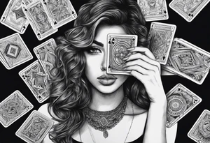 woman one hand holding cards in front of her face, showing the cards to others tattoo idea