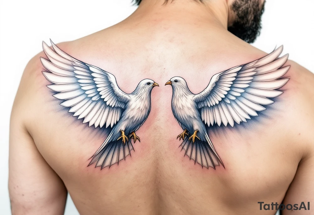 A pair of 3D doves with outstretched wings, their feathers detailed in soft whites and subtle blues, symbolizing peace and unity. tattoo idea