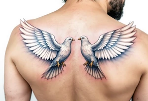 A pair of 3D doves with outstretched wings, their feathers detailed in soft whites and subtle blues, symbolizing peace and unity. tattoo idea