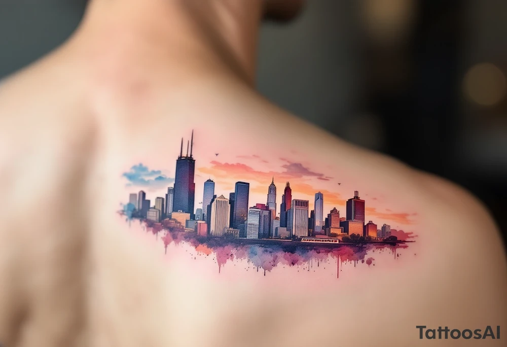 A Chicago skyline tattoo with the L train tattoo idea