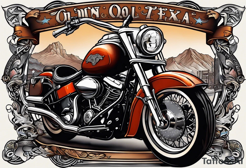 Traditional style incorporating world travel, Texas, Colorado and motorcycles tattoo idea