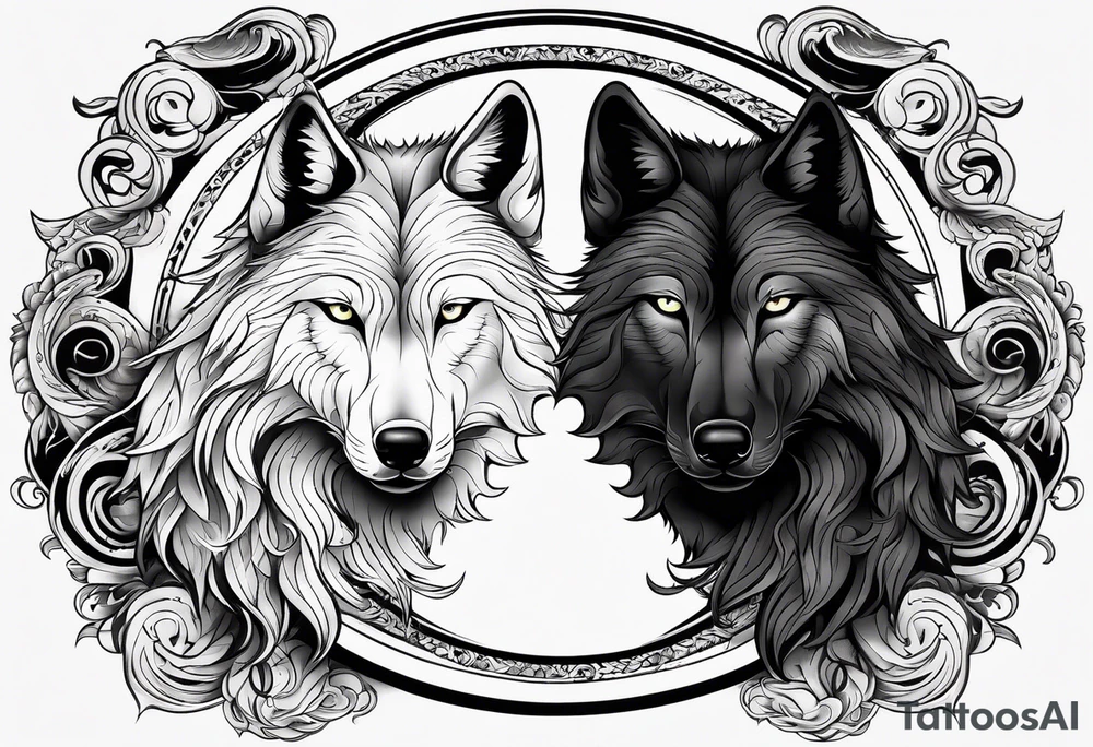 black wolf and white wolf in a ying yang style tattoo idea
