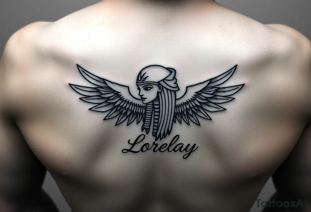 Créame un diseño en miniatura para el bíceps de un personaje principal chica 
de la cultura de egipcia con el nombre de lorelay escrito por debajo del diseño tattoo idea