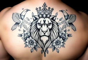 powerful majestic lion with a crown, surrounded by floral ornaments and birds tattoo idea