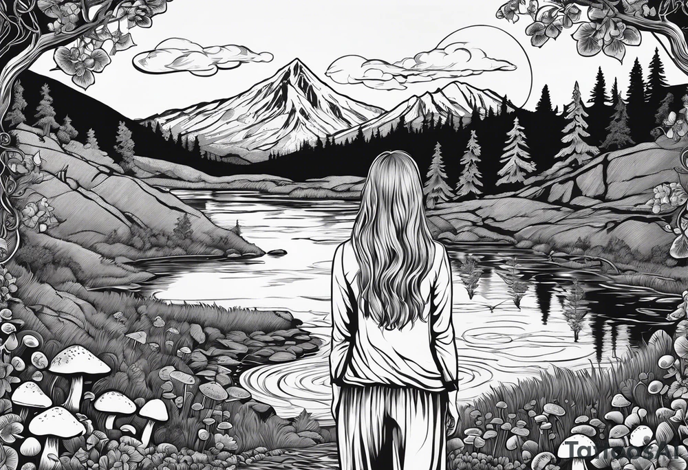 Whole picture encircled fully

Straight long blonde hair hippie girl in distance holding mushrooms in hand facing away toward mountains and creek surrounded by mushrooms long sleeve shirt and hiking pants; whole rendering within a full celtic circle border, no cut off circle tattoo idea