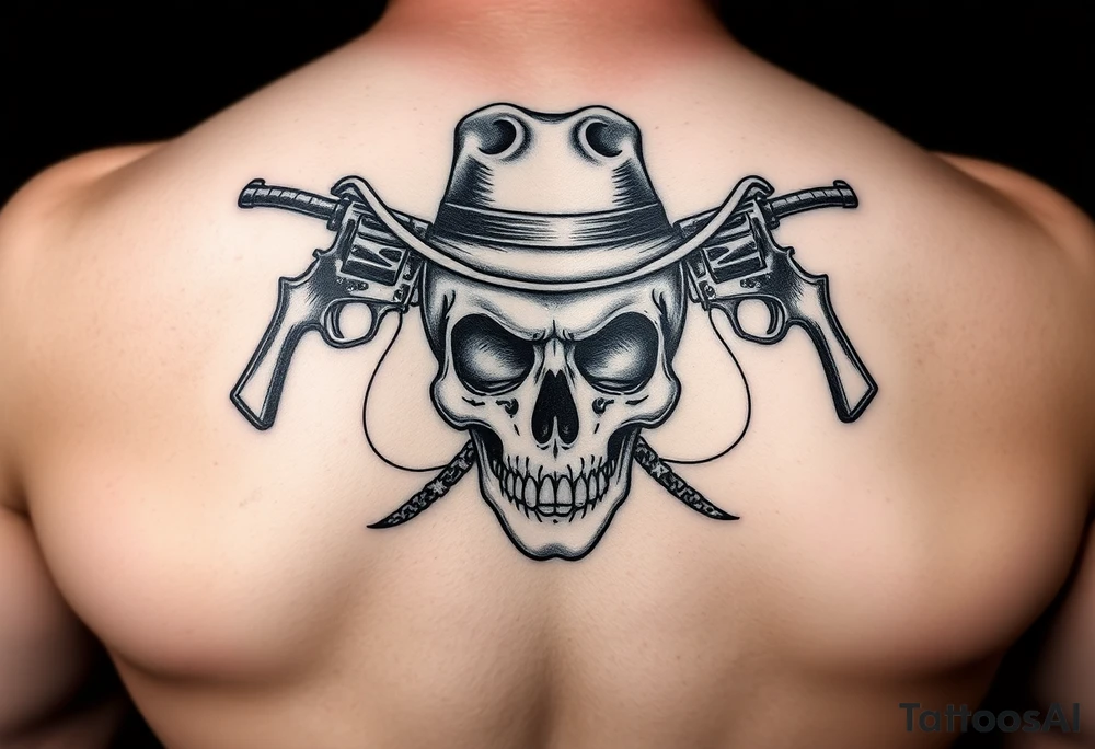skull with cowboy-hat beneath two guns. tattoo idea