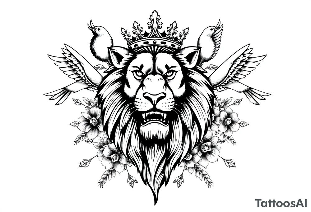 powerful majestic lion with a crown, surrounded by floral ornaments and birds tattoo idea