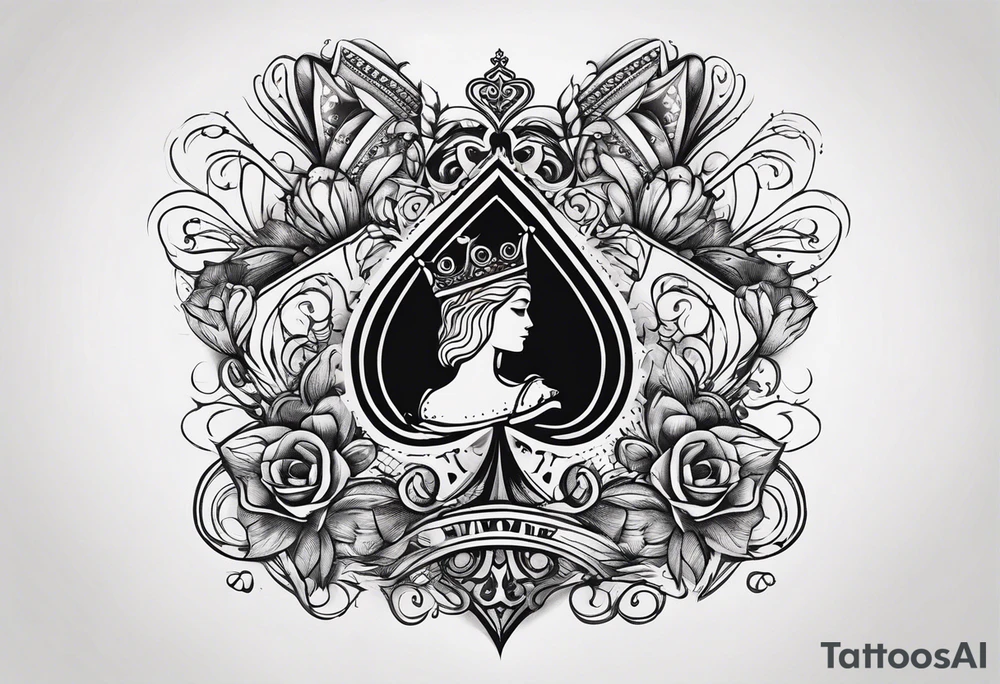 one playing card with both queen of hearts and king of spades incorporated in extreme minimalistic style tattoo idea