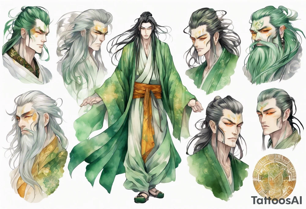 A tall beautiful man with pale green skin and long hair of green and gold and auburn and silver with amber eyes tattoo idea
