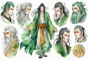 A tall beautiful man with pale green skin and long hair of green and gold and auburn and silver with amber eyes tattoo idea