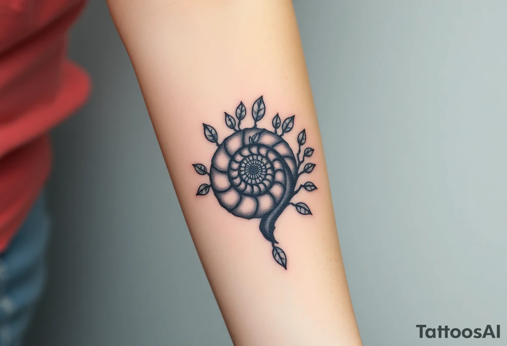 Fibonacci spiral shell inside of tree full of leaves tattoo idea