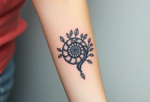 Fibonacci spiral shell inside of tree full of leaves tattoo idea