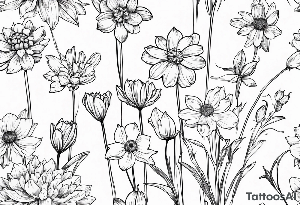 Narcissus, Chrysanthemum, Cosmos, snow drop that shows all the flower stems for the back of the arm. tattoo idea