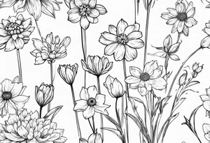 Narcissus, Chrysanthemum, Cosmos, snow drop that shows all the flower stems for the back of the arm. tattoo idea