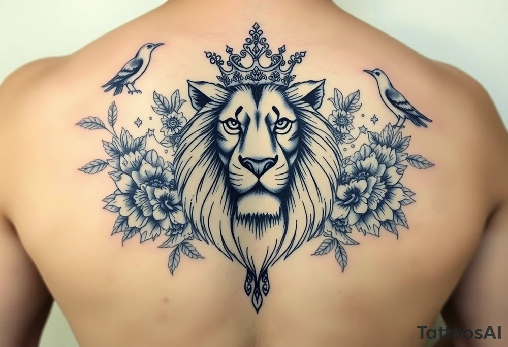 powerful majestic lion with a crown, surrounded by floral ornaments and birds tattoo idea