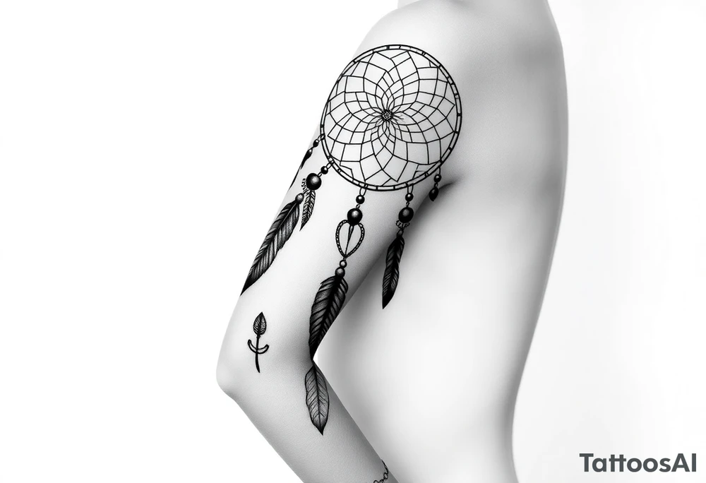 native dreamcatcher with flowing feathers and sacred beads tattoo idea