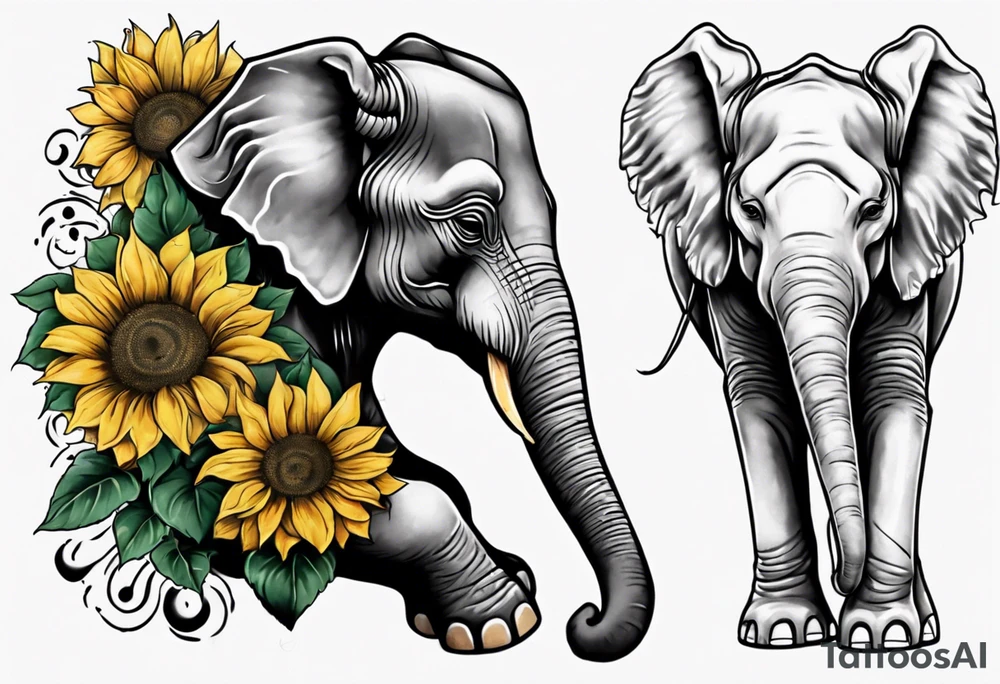 Sitting young elephant with Raised trunk and sunflowers tattoo idea