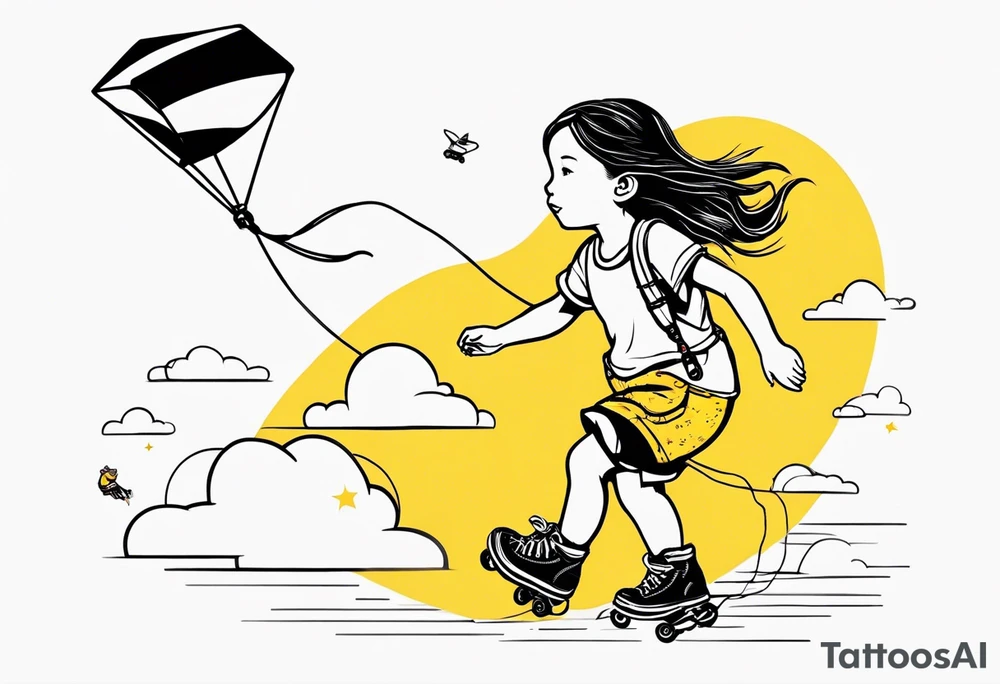 a little girl running with a kite, holding a teddy bear in yellow overalls and roller skates. with "Go Fly A Kite" spelled out in clouds tattoo idea