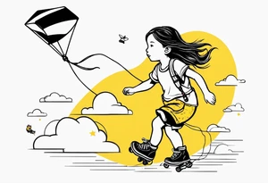 a little girl running with a kite, holding a teddy bear in yellow overalls and roller skates. with "Go Fly A Kite" spelled out in clouds tattoo idea