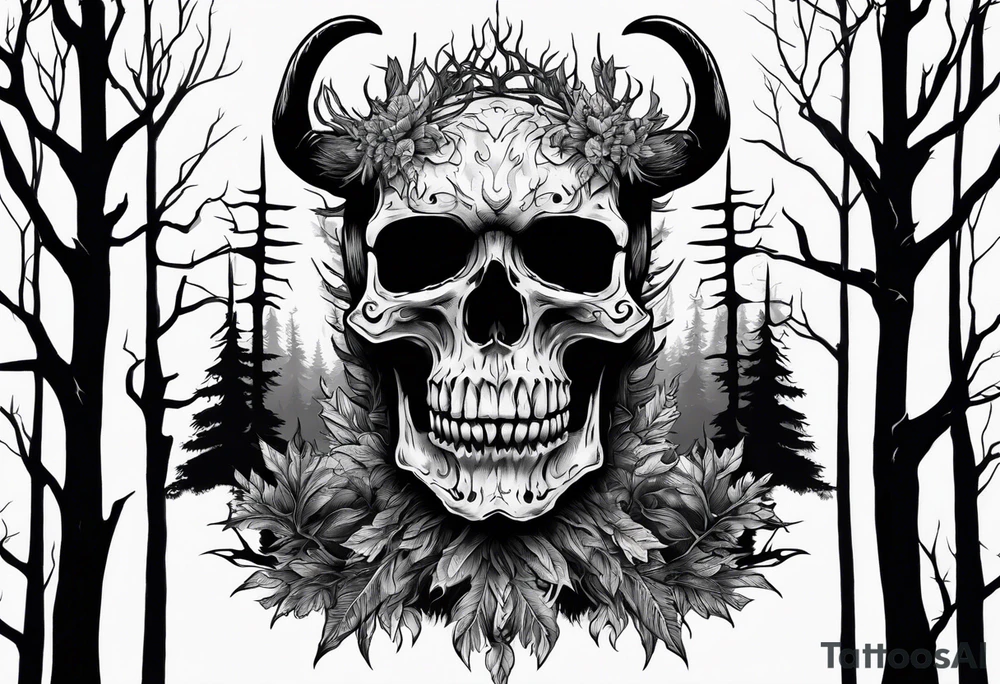 A spooky decaying skull lore accurate wendigo surrounded by a forest fire in background tattoo idea