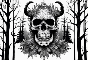 A spooky decaying skull lore accurate wendigo surrounded by a forest fire in background tattoo idea