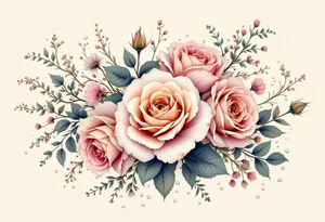 vintage bouquet of wild roses and meadow flowers with morning dew tattoo idea