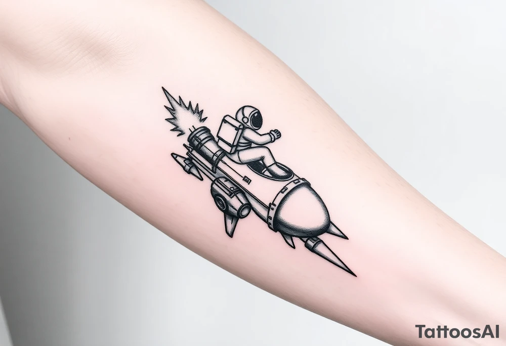 Rocket ship with sparks coming out of the back and astronaut riding it tattoo idea