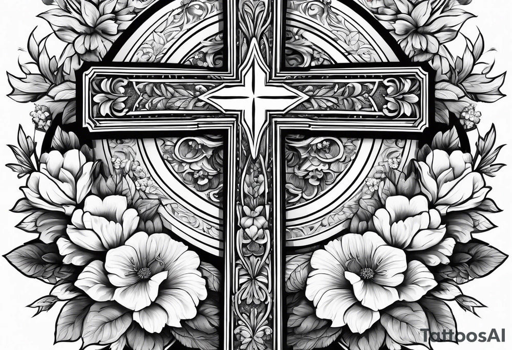 A wood cross with flowers surrounding it tattoo idea