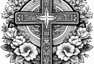 A wood cross with flowers surrounding it tattoo idea