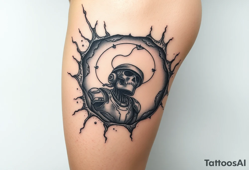 A big slash wound revealing a robotic inner thigh under the skin tattoo idea