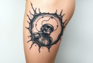 A big slash wound revealing a robotic inner thigh under the skin tattoo idea