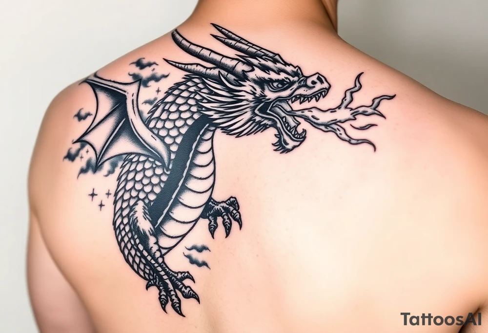 fierce dragon breathing iridescent fire against stormy skies tattoo idea