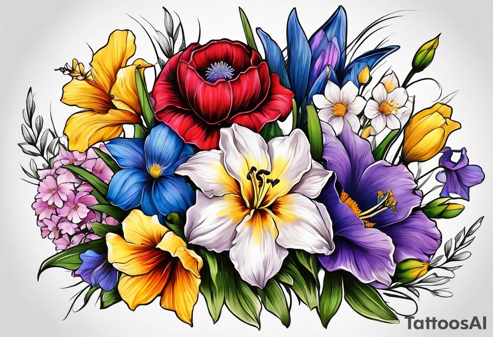 flower bouquet with 1 purple Violet flower, 1 yellow Daffodil flower , 1 blue Gladiolus flower, 1 red Poppy flower, 1 pink Cosmos flower tattoo idea