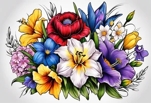 flower bouquet with 1 purple Violet flower, 1 yellow Daffodil flower , 1 blue Gladiolus flower, 1 red Poppy flower, 1 pink Cosmos flower tattoo idea