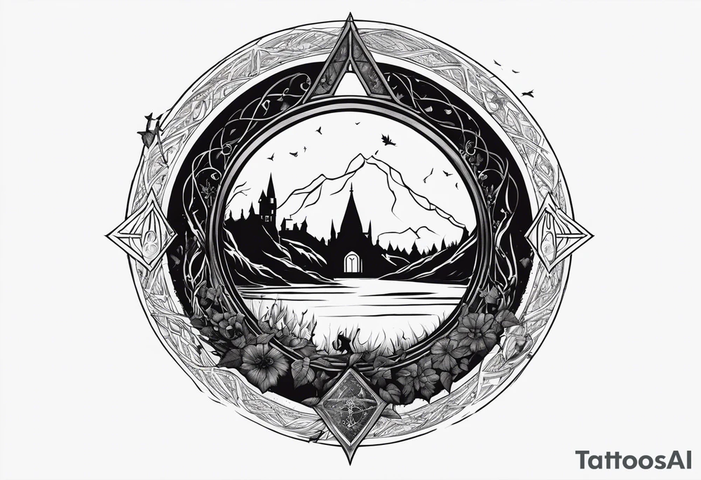 Lord of the rings and Harry Potter movie mashup. Small and simple. Hobbit door hole, wands, elvish writing, deathly hallows tattoo idea