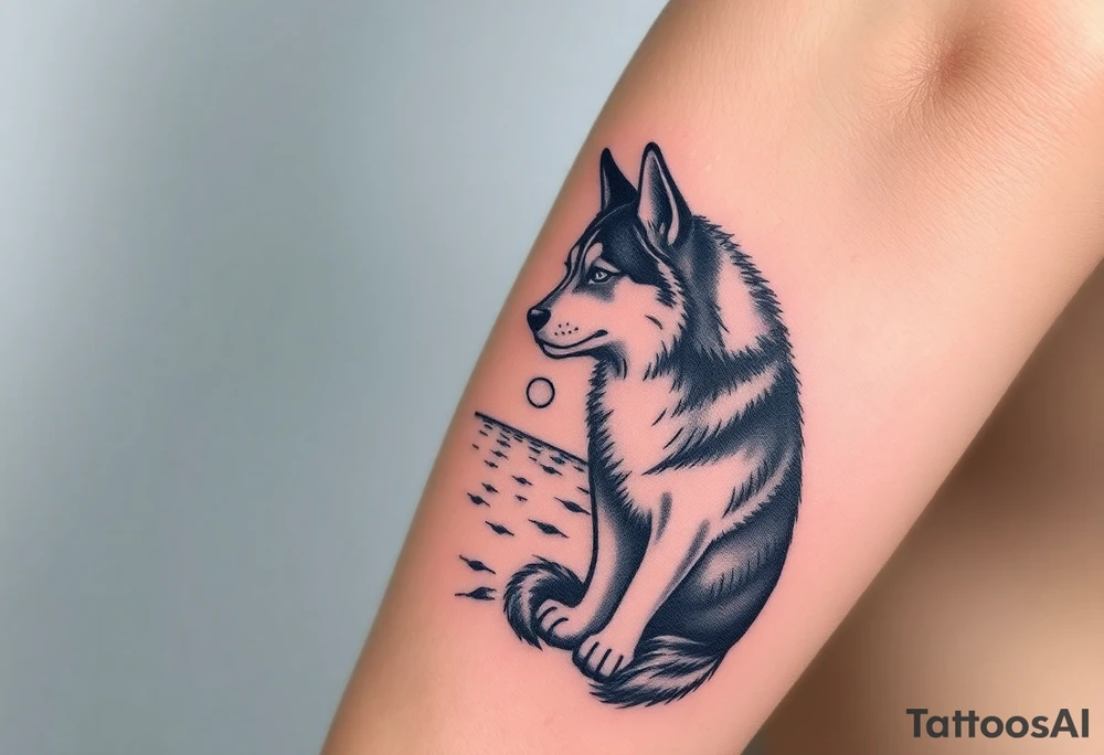 HUSKY STANDONG IN THE SEA AT NIGTH LOOKING AT HALF OF MOON tattoo idea