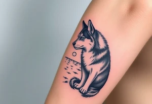 HUSKY STANDONG IN THE SEA AT NIGTH LOOKING AT HALF OF MOON tattoo idea