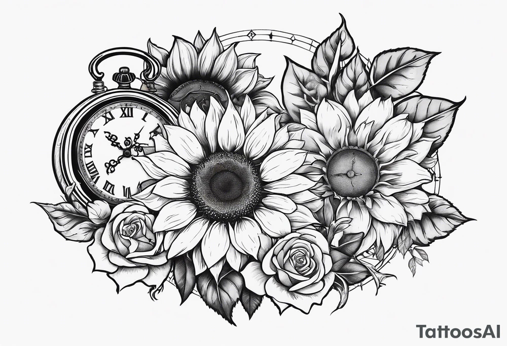 Sunflower, roses, witchy, 3 pocket watches, celestial, tattoo idea