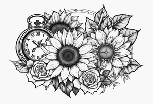 Sunflower, roses, witchy, 3 pocket watches, celestial, tattoo idea