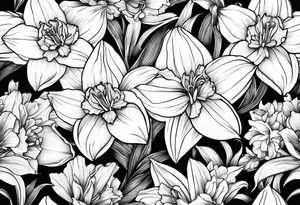 Daffodil, Azalea, Camilla, Daisy flower bouquet tattoo idea