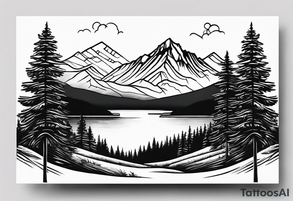 Mountain scene with evergreen trees, but also representing my Hawaii upbringing, Finnish roots, and a small rainbow flag tattoo idea