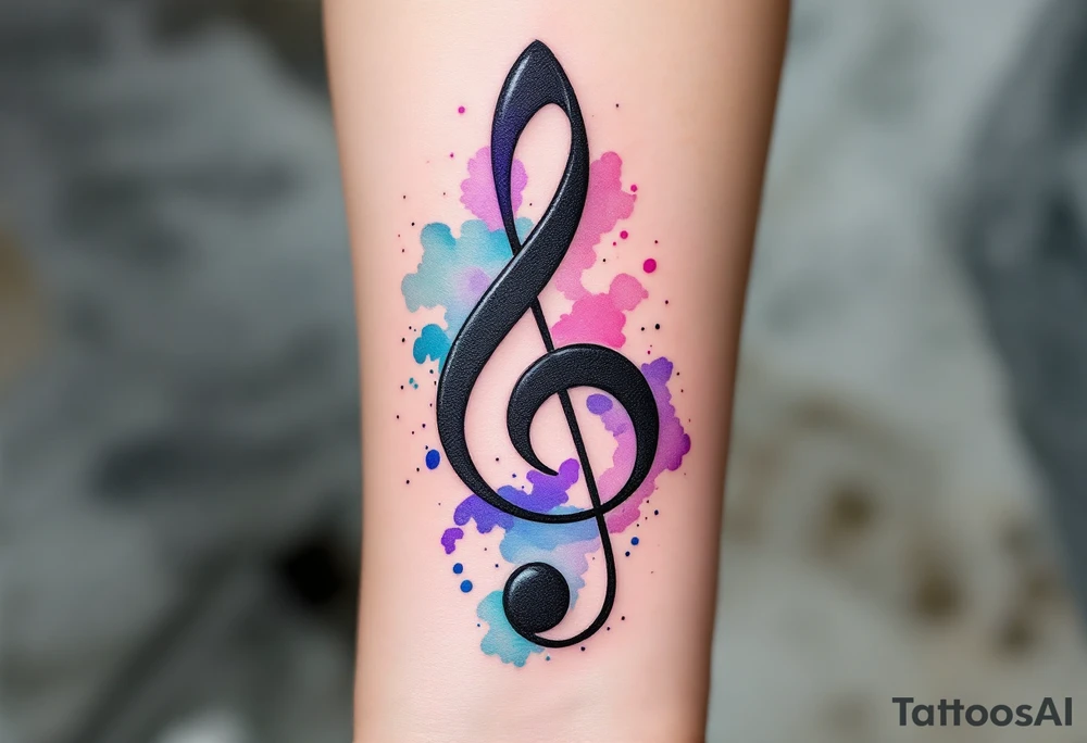 ChatGPT řekl:
A sleek black treble clef with smooth curves, wrapped in a flowing ribbon of deep violet and electric blue, with soft watercolor splashes in pink and turquoise behind it for a dreamy, artistic effect. tattoo idea