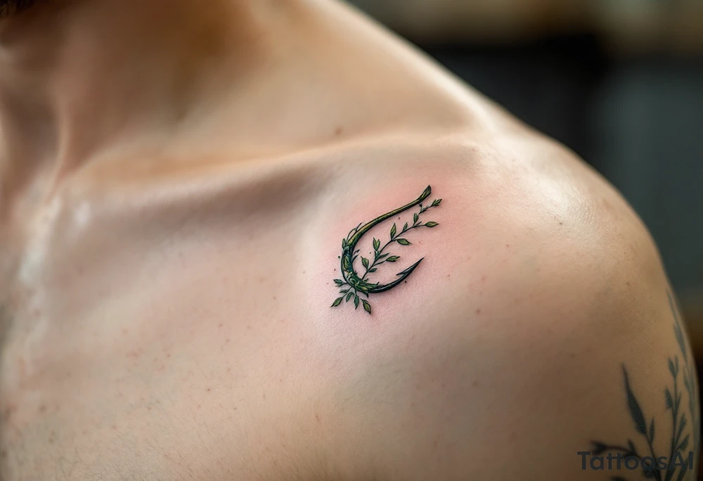 Nature Hook – A hook green with subtle leaf and vine patterns, suggesting a deep connection between the fisherman and the earth. tattoo idea