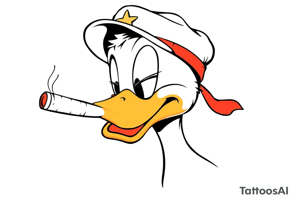 Daffy duck  smoking a rolled cigarette with a Vietnam veteran hat on and make his eyelids low and chill looking tattoo idea
