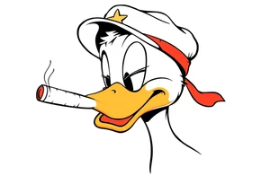 Daffy duck  smoking a rolled cigarette with a Vietnam veteran hat on and make his eyelids low and chill looking tattoo idea