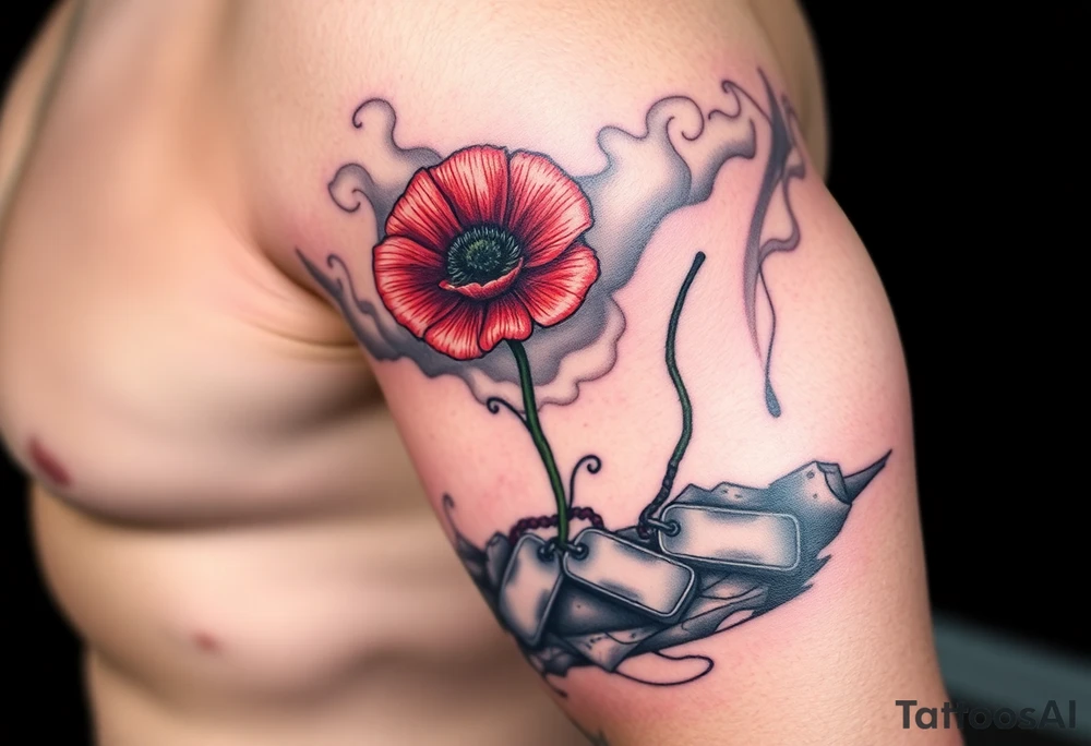 War zone with 2 poppy’s growing out of the smoke with dog tags laying on the ground tattoo idea